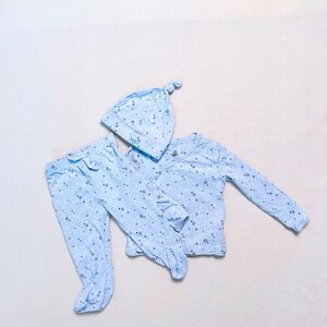 Baby Gap Blue Star Cotton 3-Piece Kimono Pajama Sleepwear Footed Set Hat 6–9M